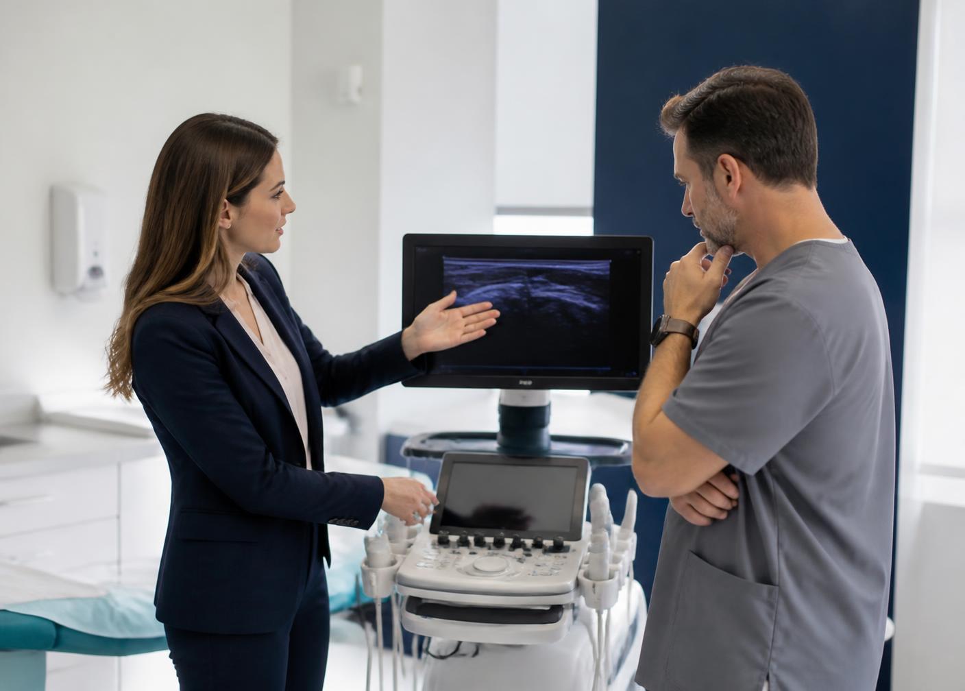 Medical device sales representative demonstrating a diagnostic system to a clinician